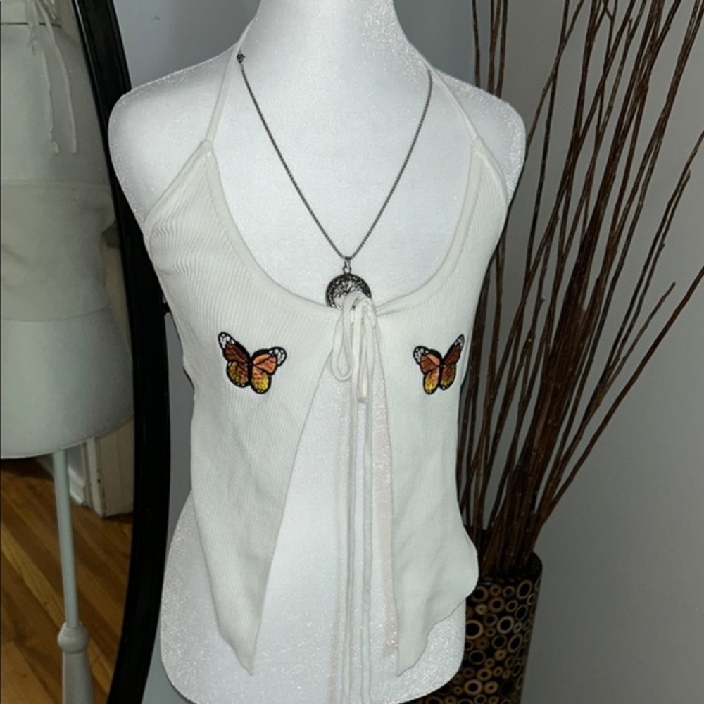 3x20 Rehab Lab White Butterfly Embellished Halter Top